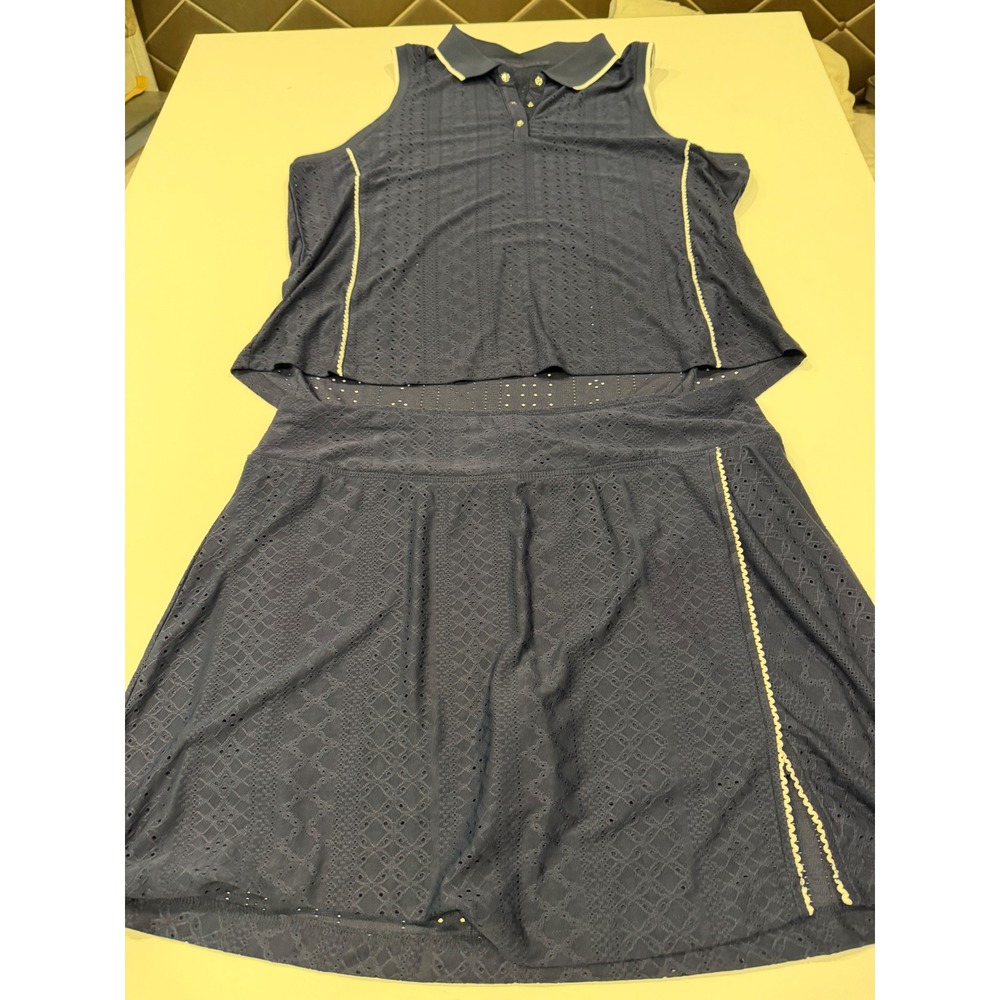 RBX Womens Navy Blue Eyelet Mesh Tennis Golf Skort and Sleeveless Polo Set XL